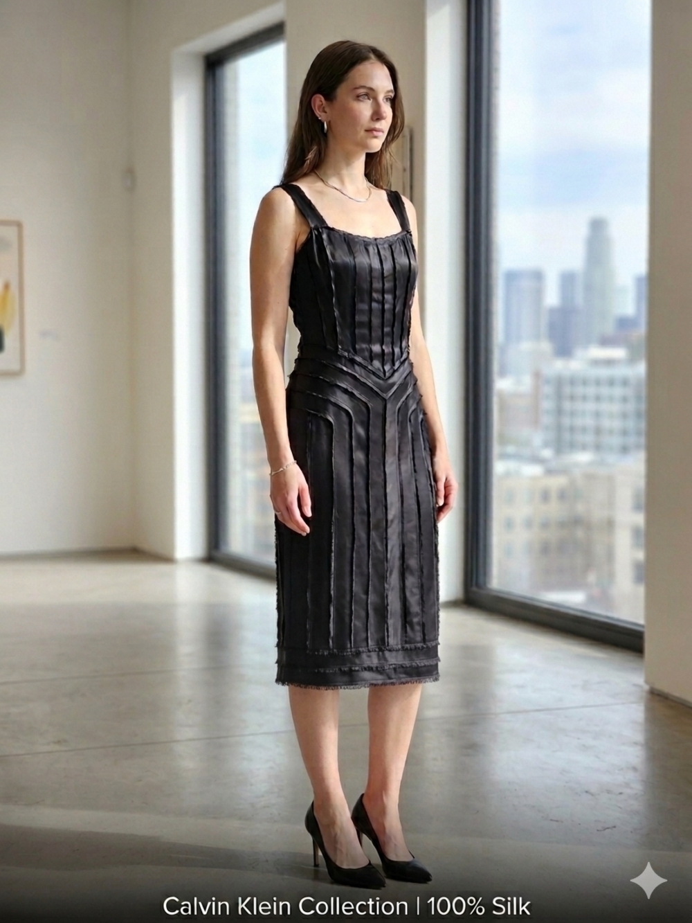 Archival Calvin Klein Collection | 100% Silk Raw-Edge Panel Midi Dress | Size 6